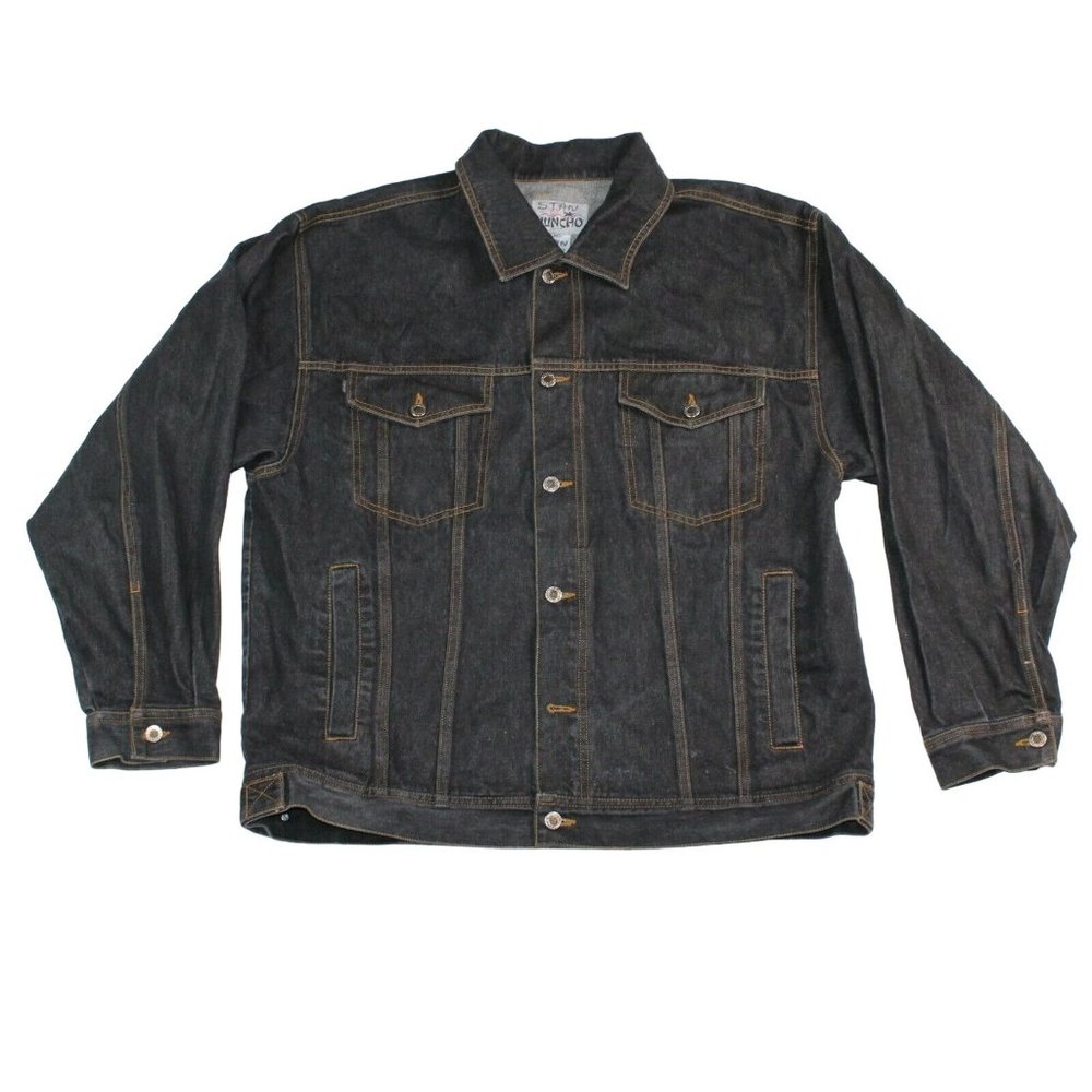 HUNCHO USA XL Black Denim Hip Hop Streetwear Prison Yard Embroidered Jean Jacket - Picture 2 of 12